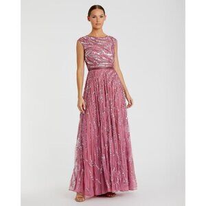 Mac Duggal Size 14 5445 Pink Cap Sleeve Sequins Beaded Formal Prom Gown Dress